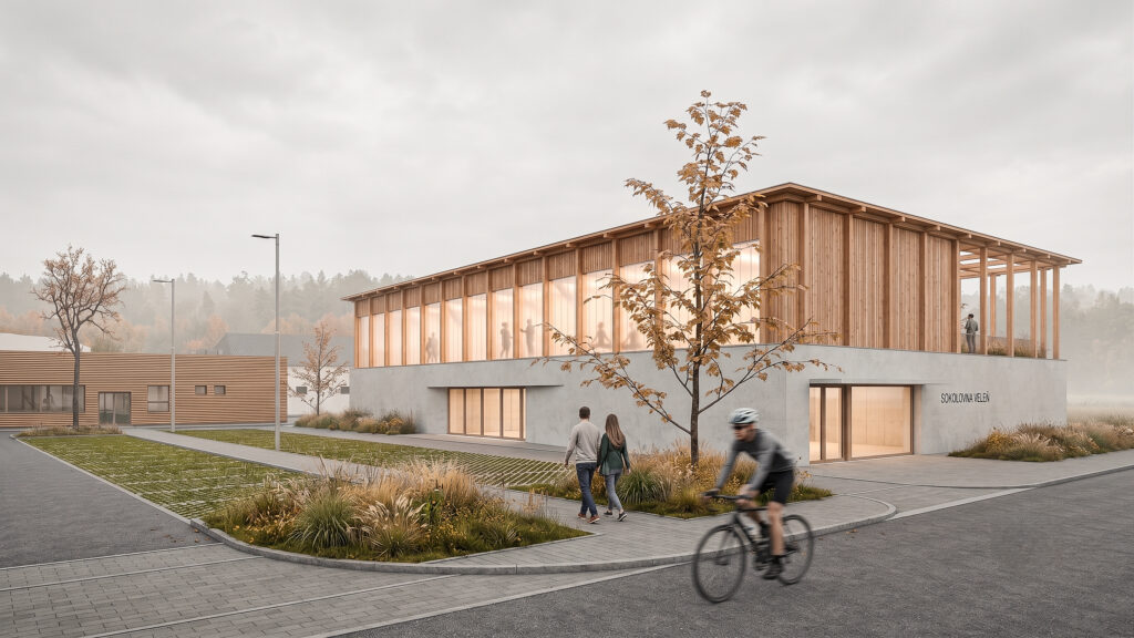 Sokol Hall Veleň — Rendering of the building corner and main entrance