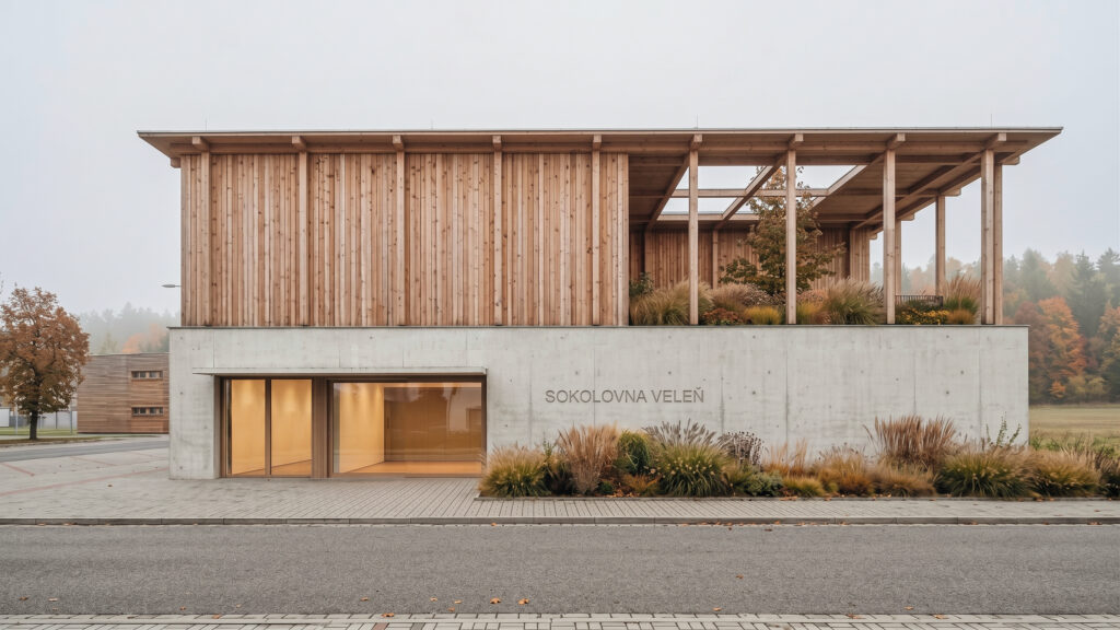 Sokol Hall Veleň — Rendering of the entrance façade and terrace