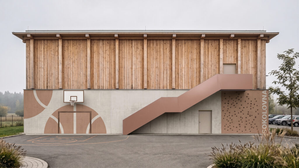 Sokol Hall Veleň — Rendering of the side façade and outdoor sports court