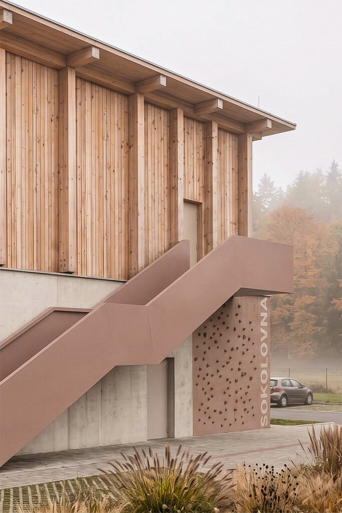 Sokol Hall Veleň — Rendering of the external staircase and timber façade