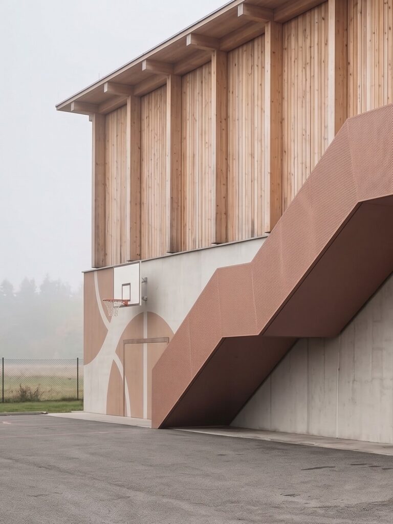 Sokol Hall Veleň — Rendering of the sports area beside the external staircase