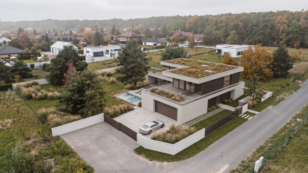 Vila s terasami — Nový Vestec — celkový nadhled se zelenými střechami