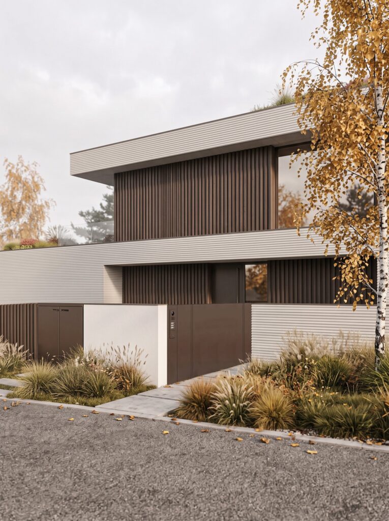 Vila s terasami — Nový Vestec — detail vstupu a tmavého obkladu